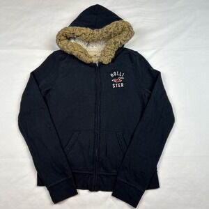 Vintage Hollister Sherpa Lined Zip Hoodie Women's Large Navy Faux Fur Hood Y2K